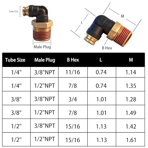 1/2" DOT Air Hose 90 Degree Elbow Fittings 2 Pack, Quick Connect Air Fittings, PTC & PTCR Composite Brass Connector, 1/2" Tube OD x 3/8" NPT Thread for Truck Air Brake & Suspension Systems - size: 1/2"OD x 3/8"NPT