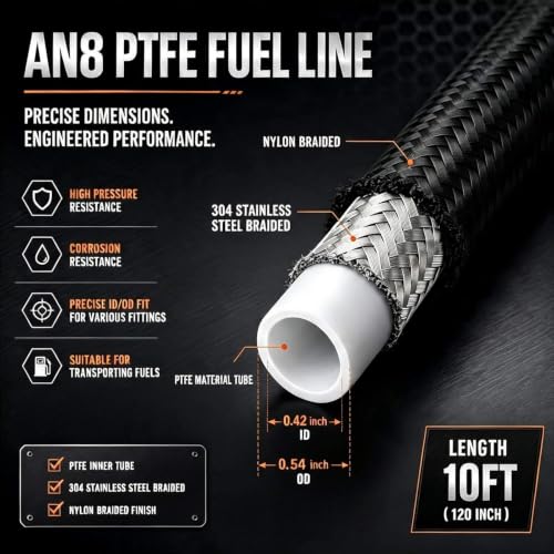 8AN PTFE E85 Fuel Line Hose 10FT Black - color: 10FT, size: AN8