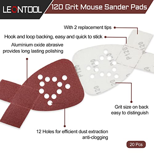 20 Pcs Mouse Detail Sander Sandpaper 120 Grit 12 Hole Mouse Sander Pads with 2 Extra Tips for Replacement Hook and Loop Sandpaper Triangle Sanding Sheets Aluminum Oxide Sanding Pads - style: 120 Grit