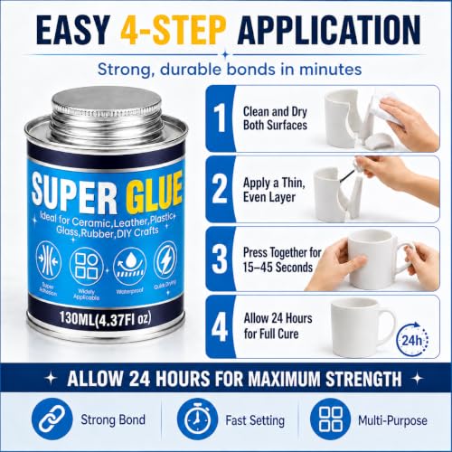 Super Glue with Brush 130ml, All Purpose Clear Strong Adhesive Waterproof Instant Glue Gel for Wood Ceramic Glass Leather Plastic Rubber Metal DIY Crafts Industrial Repairs