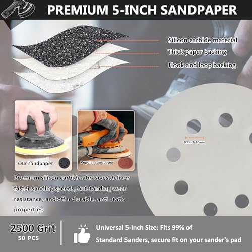50PCS 5 Inch Sanding Discs 2500 Grit, Wet Dry Hook and Loop Sandpaper - style: 2500Grit