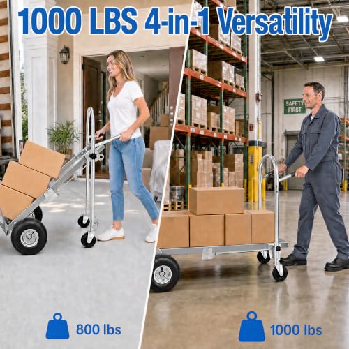 1000 LBS Dolly Cart with Wheels, 4 in 1 Folding Hand Truck, Stainless Steel Heavy Duty Industrial Convertible Hand Cart, Utility Collapsible Hand Truck Dolly for Warehouse, Home, Office, Etc - color: Silver