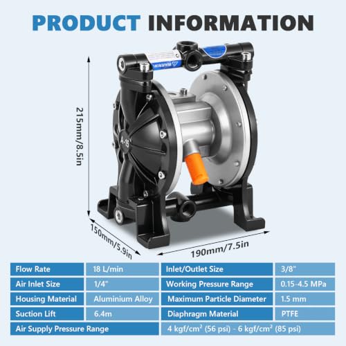 MXBAOHENG Air Operated Double Diaphragm Pump, Aluminum Alloy Body, 18L/min - size: 18L/min