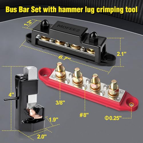 MOFEEZ Power Distribution Block Bus Bar 4 × 3/8" Posts 6 × #8 Screws with Hammer Lug Crimping Tool, Marine Bus Bar 48V 250A for Automotive, Car, Boat, Solar Wiring - size: 4 x 3/8" sets