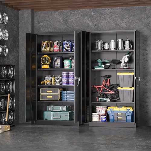Greenvelly Metal Storage Cabinets 72” Black Garage Steel Storage Cabinet with Doors and Shelves, Metal Tool Cabinet, Steel File Cabinet for Home Office, Basement, Warehouse, Classroom(Anti Tipping) - color: Black, style: 72"H-Large