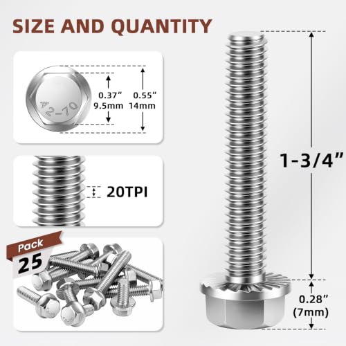 Mellewell 1/4-20 x 1-3/4" Flanged Hex Head Bolts Flange Hexagon Screws, Stainless Steel A2, DIN 6921, 25 PCS - color: Silver, size: 1/4-20 x 1-3/4"