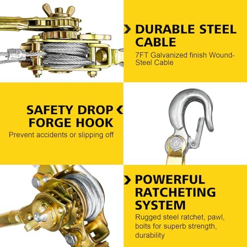 Come Along Winch Puller 3T 10FT, Cable Hoist Winch Puller with 2 Hooks, Come Along Tool Heavy Duty, Ratchet Puller for Lifting Pulling Construction Building - size: 3T-10FT