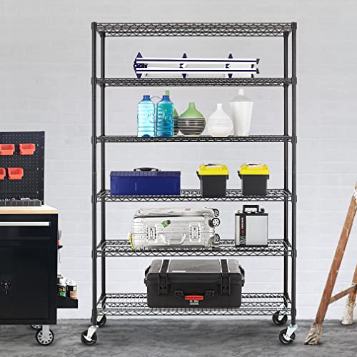 PayLessHere | 6-Tier Wire Shelf with Wheels | 48"x18"x76" | Black - color: Black, size: 48"D x 18"W x 76"H