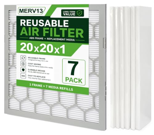 20x20x1 MERV 13 Air Filter,AC Furnace Air Filter,Reusable ABS Plastic Frame, 7 Pack Replaceable Filter Media (Actual Size: 19 3/4" x 19 3/4" x 3/4") - size: 20x20x1, style: MERV13