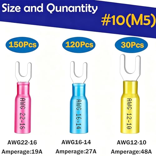 smseace 300PCS #10 Heat Shrink Fork Spade Wire Connectors - 22-16/16-14/12-10 AWG M5 U-Type Waterproof Electrical Crimp Terminals Tinned Red Copperctors Pack in Box - color: Multicolored, size: #10