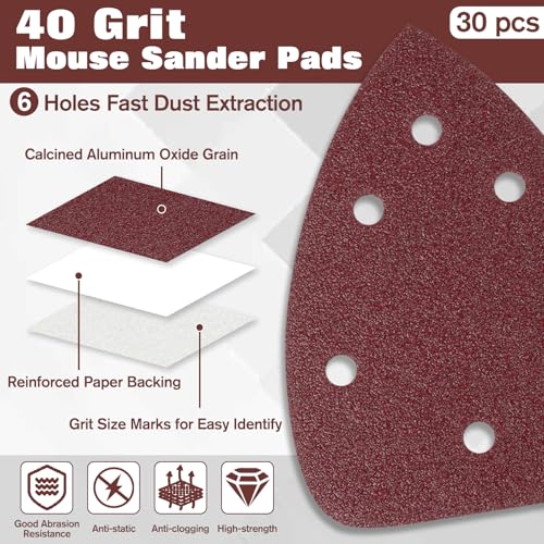 Mouse Sander Sandpaper 40 Grit 6 Hole 30 Pcs - style: 40 Grit
