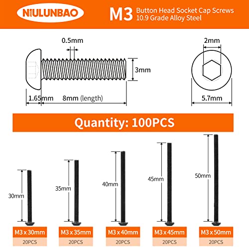 M3 x 30mm 35mm 40mm 45mm 50mm Button Head Socket Cap Screws Bolts, 10.9 Grade Alloy Steel, Black Oxide Finish, Metric Allen Hex Drive, Machine Fully Threaded, Assortment Kit 100PCS - size: M3 x 30/35/40/45/50mm (100PCS)