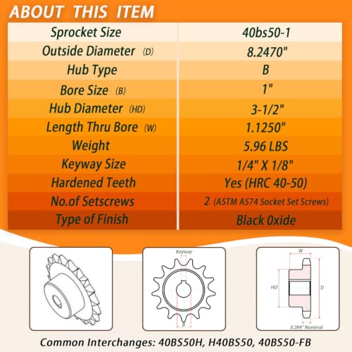 40BS50H-1#40 Roller Chain Sprocket 50 Tooth 1" Bore Finished Bore Type B Black Oxide Anti-Rust Hardened Carbon Steel with Keyway 2 Set Screws Key & Hex Wrench for Mini Bike Go Kart ATV Machinery