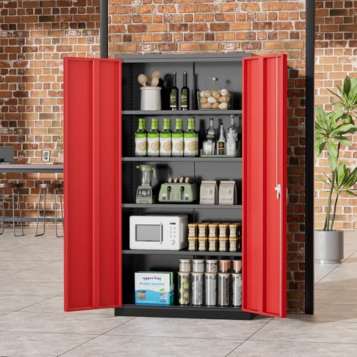 Greenvelly Metal Storage Cabinet, 72" Black Locking Metal Garage Storage Cabinet with Doors and 4 Adjustable Shelves, Lockable Steel Cabinet for Home Office, Garage, Shop, School (Red 36" W x 18" D) - color: Red, size: 72 Inch - 36W