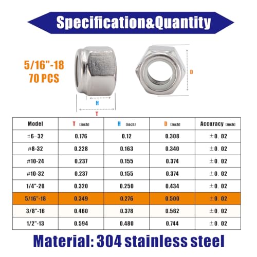 5/16-18 Lock Nut, 70Pcs 304 Stainless Steel Nylock Insert Locking Nuts - size: 5/16"-18(70 pcs)