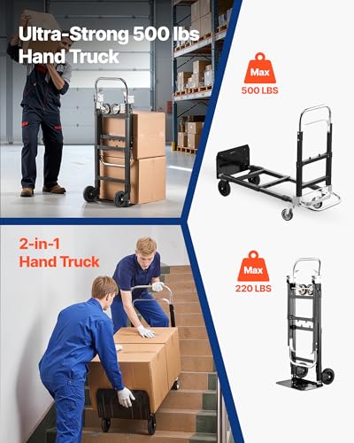 VEVOR 2 in 1 Folding Hand Truck, 500 lbs Load Capacity, 4-Wheel Mode Dolly - size: 500 lbs 2 in 1