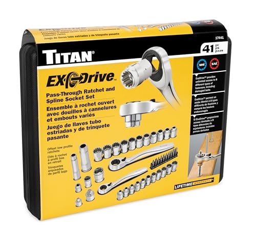 Titan 17441 1/4-Inch & 3/8-Inch Drive 41-Piece ExoDrive Pass-Through Ratchet and Socket Set, Pass-Thru Mechanics Tool Set