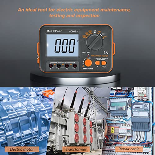 Digital Insulation Resistance Tester 1999 Counts Megohmmeter AC DC Voltmeter 250 500 1000V 2G Ohm Insulation Resistance Backlit LCD Data Hold and High Voltage Indicator