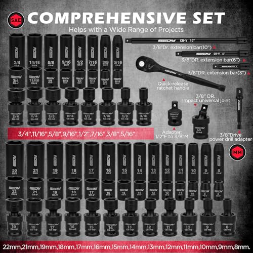 71-Piece 3/8" Drive Master Impact Socket Set, SAE and Metric, 5/16"- 3/4", 8mm - 22mm, Cr-V, Cr-MO, Universal Joint Deep Standard Sockets with Ratchet Handle, Swivel Sockets, Extension Bars, Adapters - size: 71 PCS 3/8"Drive Master