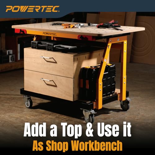 POWERTEC Panel Transfer Cart with Tilting Top - Multi-Purpose Mobile Shop Stand, 220lbs Capacity, 31-37" Adjustable Height, 4" TPR Wheels - 2 Casters with Brake 2 Without (UT1011)