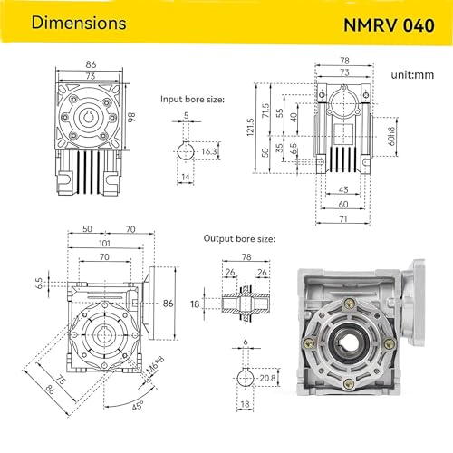 NMRV040 Worm Gear Gearbox Ratio 25:1,18mm Output Shaft,RV40 NMRV-040 Metal Gearheads Worm Gear Reducer for Nema34 Stepper Motor/Servo Motor