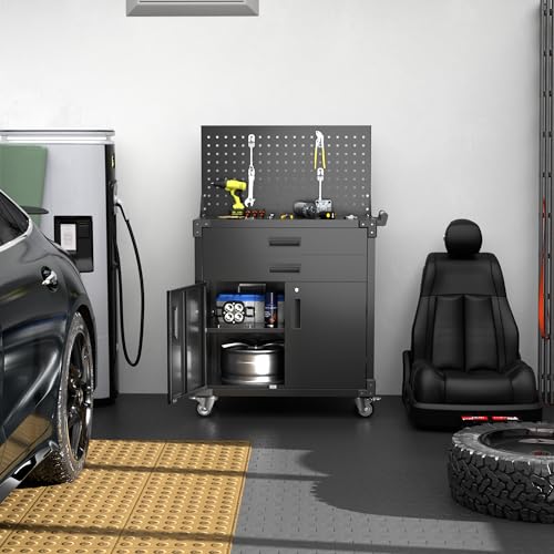 Tool Cart with Wheels and 2 Drawers, Metal Garage Storage Cabinet with Lockable Doors, Pegboard and 4 Hooks for Garage, Workshop, Tool Chest, Heavy Duty Work Bench, Black, Assembly Required - color: Black, size: 13.8"D x 31.5"W x 49.6"H