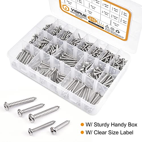 VIGRUE 510Pcs Stainless Steel Wood Screws Assortment Kit, #4#6#8#10#12 Phillips Pan Head Sheet Metal Screws Self Tapping Screws Set,Length 3/8" to 1-1/2" - size: 510Pcs Pan Head #4#6#8#10#12