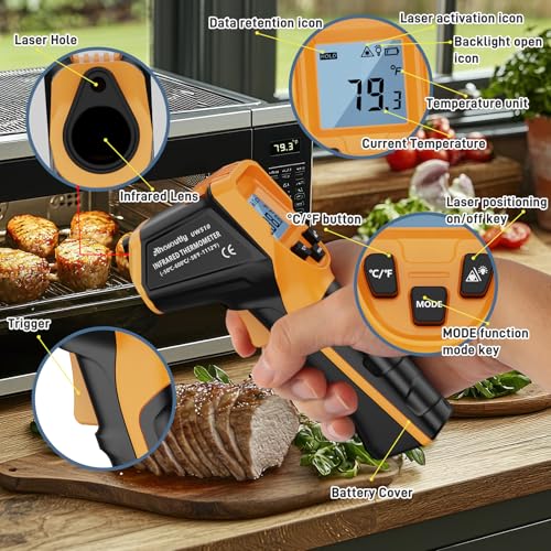 Infrared Thermometer Laser Temperature Gun -58℉ to 1112℉,with Cal Calibration and Adjustable Emissivity,Min& Max Measure,for Cooking,Oven,Meat Food,HVAC,Appliance(Yellow) - color: Yellow