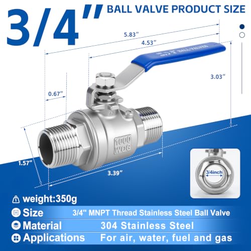 3/4 Inch NPT Ball Valve 2 Pack, Male Full Port Shut Off Valve - size: 3/4 Inch