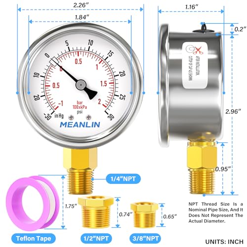 MEANLIN MEASURE -30inHG~30Psi Vacuum Gauge Stainless Steel 1/4" NPT 2" FACE DIAL Waterproof for Air Compressor HVAC Negative Pressure Hand Pump Pool Lower Mount, with 1/2" NPT and 3/8" NPT Hex Bushing - size: -15-30Psi