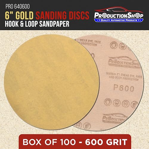 ProductionShop Premium 600 Grit 6" Gold Sanding Discs, Box of 100 - Hook & Loop Backing Abrasive Sandpaper for DA & Random Orbital Sanders - Sand Automotive Paint, Metal, Wood, Woodworking Furniture - style: 600 Grit