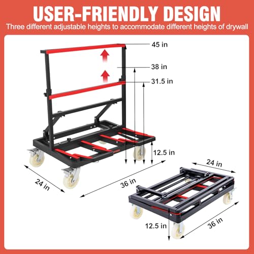 Drywall Cart, 2400 LBS Capacity, Folding Panel Dolly with 6" Wheels - size: With Handle