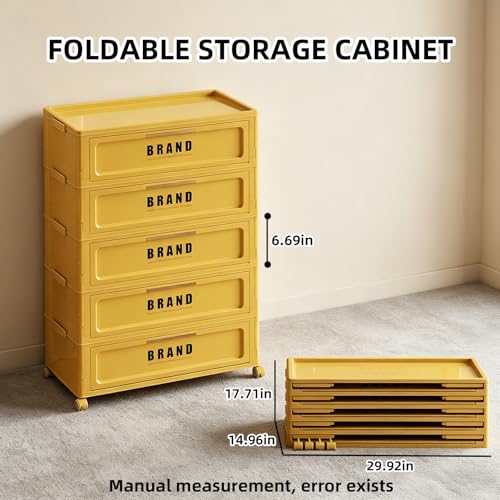 Foldable Storage Cabinet with Doors & Locking Wheels, 5-Tier Large-Capacity Organizer, No-Tool Setup, Impact-Resistant ABS Construction for Dorm, Pantry, Laundry, and Living Spaces - color: Yellow