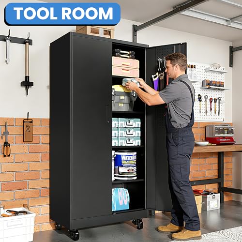 Metal Storage Cabinet for Garage, Tool Cabinet, Utility Cabinet - color: Black, size: L - 2 Pegboard Doors (Wheeled)