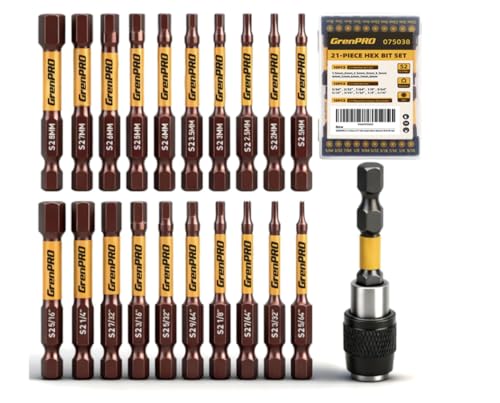 GRENPRO 2.5" Allen Wrench Drill Bit Set, 21-Piece Metric & SAE Hex Bits Set - color: Yellow
