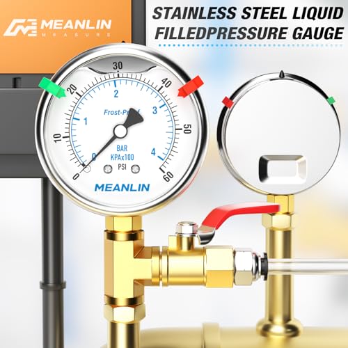 MEANLIN MEASURE 0~60Psi Stainless Steel Liquid Filled Pressure Gauge 1/4" NPT 2.5" FACE DIAL Silicone Oil Filled, WOG Water Oil Air Lower Mount (with 2PCS Snaps) - size: 0-60Psi
