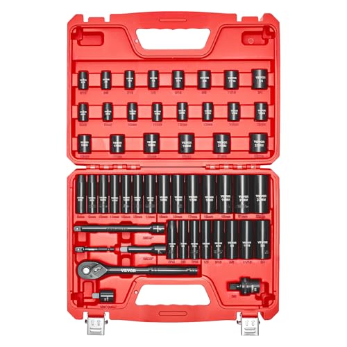 VEVOR 3/8" Drive Impact Socket Set, 50-Piece, Deep & Shallow Kit - size: 3/8" 50PCS