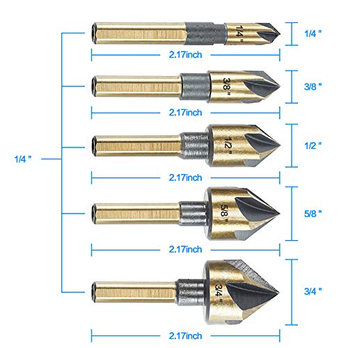 Countersink Drill Bit Set, 5 Pieces High Speed Steel 82 Degree 5 Flute 6mm Shank Mill Cutter Bit Countersink in Sizes 1/4” 3/8” 1/2” 5/8” 3/4” Set with Carrying Case - size: 1/4''-3/4''