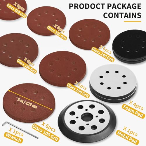 5 Inch 8 Holes Hook Loop Orbital Sander Metal Pad Replacement for Milwaukee 6021-21 6034-21 2648-20 2648-21 with 4 PCS Foam & 36 PCS Sanding Discs 100 150 180 240 320 400 Grits - size: FIT 51-36-7100