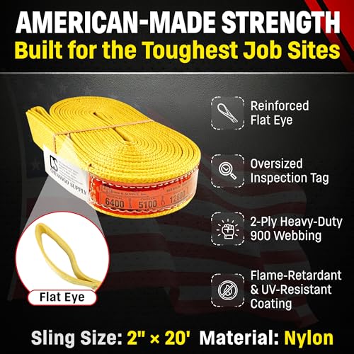 DD Sling 2 Inch x 20 Foot Nylon Lifting Sling – USA Made, 6,400 lb Vertical, 5,100 lb Choker, 12,800 lb Basket – 2-Ply Heavy Duty 900 Webbing, Type 3 Flat Eye & Eye Rigging Sling