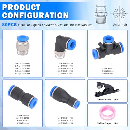 80 Pcs Quick Connect Air Line Fittings Kit Pneumatic Air Fittings - color: Black-80PCS