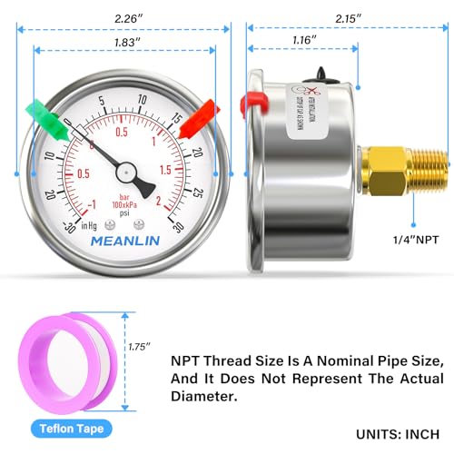 MEANLIN MEASURE -30inHG~30Psi Vacuum Gauge Stainless Steel 1/4" NPT 2" FACE DIAL Waterproof for Air Compressor HVAC Negative Pressure Hand Pump Pool Center Back Mount (with 2PCS Snaps) - size: -30inHG-30Psi
