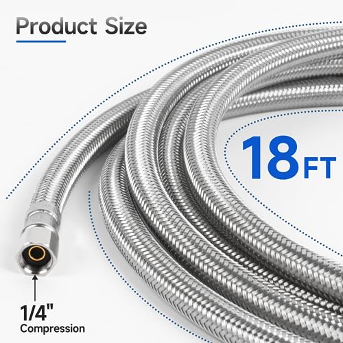 18 FT Refrigerator Water Line, 1/4" Compression Stainless Steel Braided Ice Maker Hose, Fridge Water Line for Refrigerator, Ice Maker Water Hose - size: 18 Feet