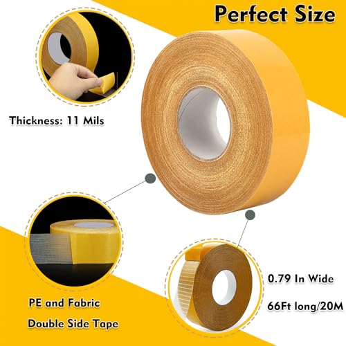 Qoqooice Double Sided Fabric Tape Heavy Duty Mounting Tape 0.79" x 66FT Resistente Clear Super Stick Tape with Fiberglass Mesh High Tack Strong Adhesive for Clothes Carpet Arts - size: 0.79 Inch x 66FT