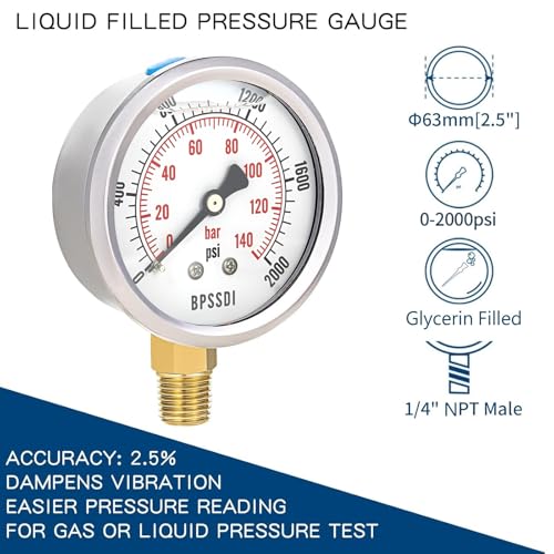 0-2000 Psi Glycerin Liquid Filled Hydraulic High Pressure Gauge, 2.5" Dial Size, 1/4" NPT Lower Mount, 304 Stainless Steel Case, for Water Oil Air Gas Pressure Test - size: 0-2000 psi, style: Lower Mount