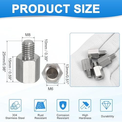 PATIKIL Standoff Screws, 4pcs M8x10mm Male to M6x15mm Female 304 Stainless Steel Thread Reducing Hex Standoff Spacer Screw Nuts Thread Adapters Reducer for PCB Motherboard - size: M8x10mm Male to M6x15mm Female