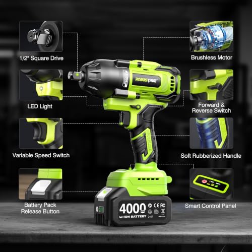 Cordless Impact Wrench, 885Ft-lbs (1200N.m) 1/2" Brushless Impact Gun - size: 1200N.m
