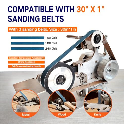 Belt Grinder Sander, 30 x 1-Inch Variable Speed Belt Polisher with VFD, 110V 550W Electric Grinding Machine with 2 Grinding Moulds & 3 PCS Sanding Belts for Metalworking, Knife Making