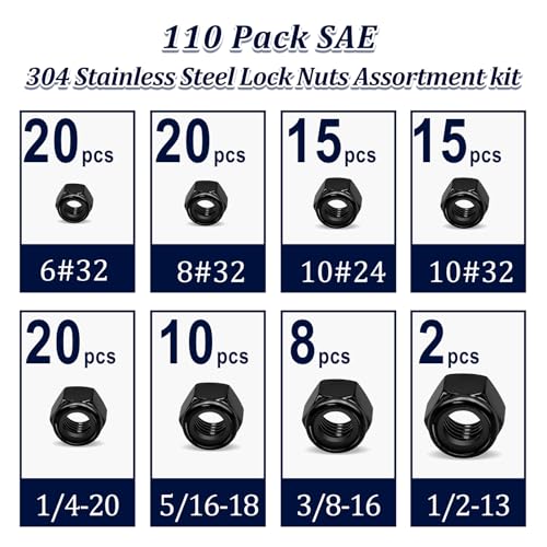 110Pcs SAE Stainless Nylon Lock Nuts Assortment Kit;Black #6-1/2 Locknut - color: Black, size: SAE Assortment; 110pcs