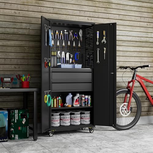 Aobabo Metal Garage Cabinet on Wheels, 2 Inner Drawers & Pegboards, Black - color: Black, size: 15"D x 30.1"W x 71"H
